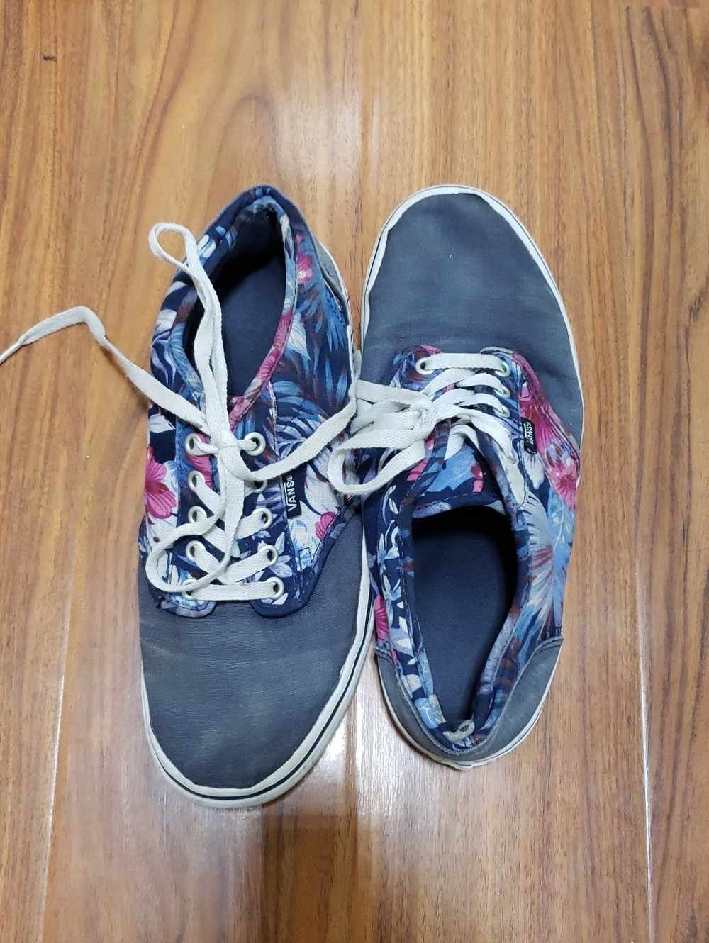 Vans Women's Navy Canvas Sneakers with Pink Floral Trim